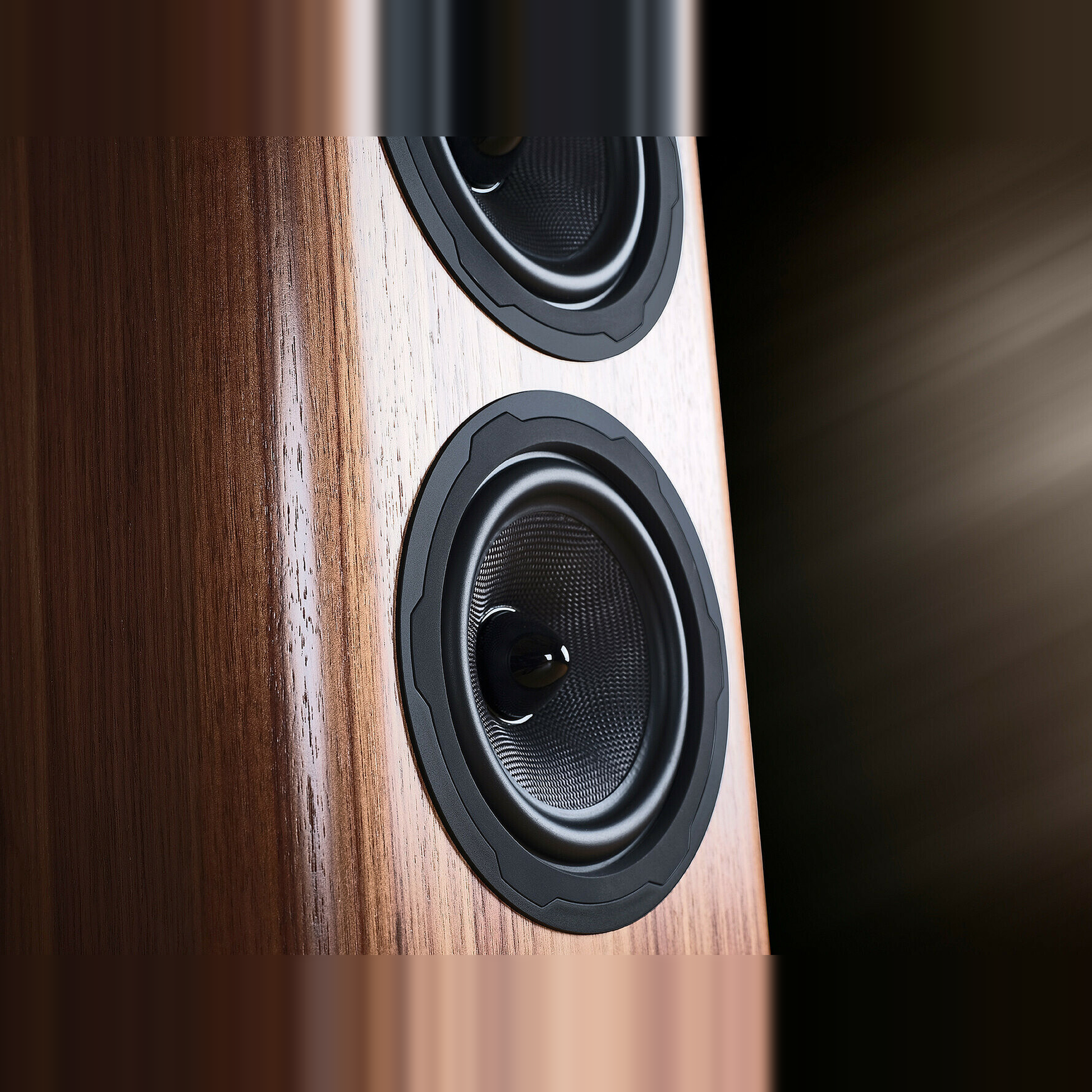 Wharfedale EVO 5.3 Standlautsprecher Nussbaum Detailansicht Tiefmitteltöner und Gehäusefurnier