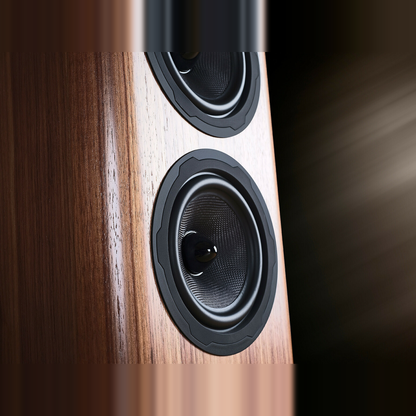 Wharfedale EVO 5.3 Standlautsprecher Nussbaum Detailansicht Tiefmitteltöner und Gehäusefurnier