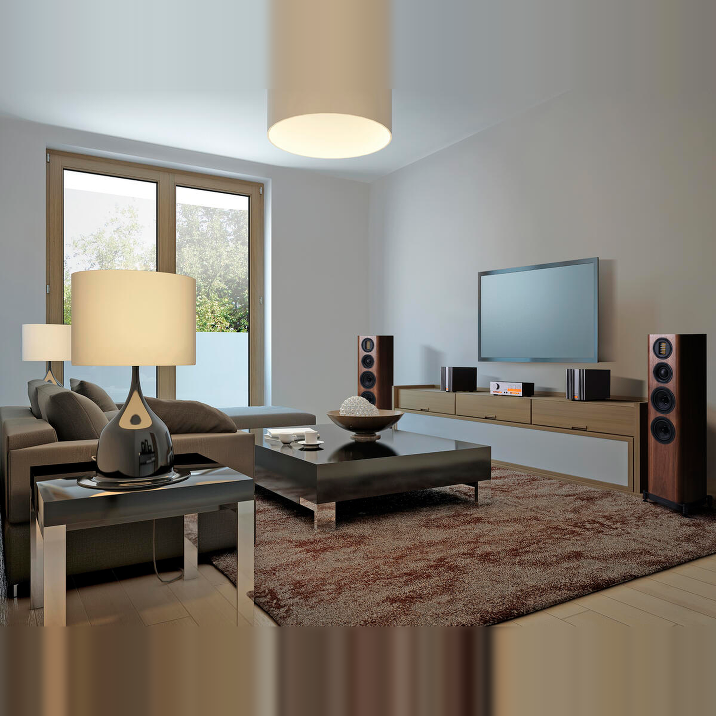 Wharfedale EVO 5.3 Standlautsprecher Nussbaum Lifestyle im Wohnraum mit Fernseher