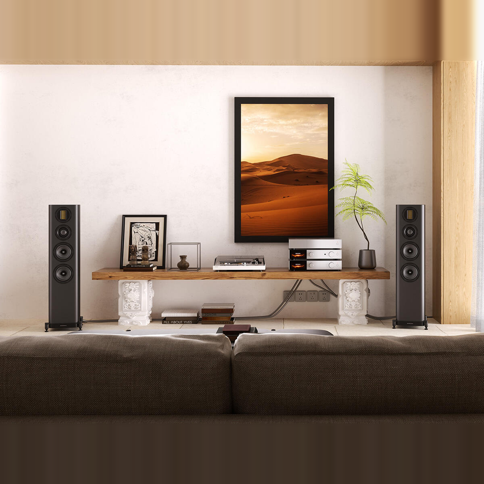 Wharfedale EVO 5.3 Standlautsprecher Schwarz matt Lifestyle im Wohnraum an der Wohnwand