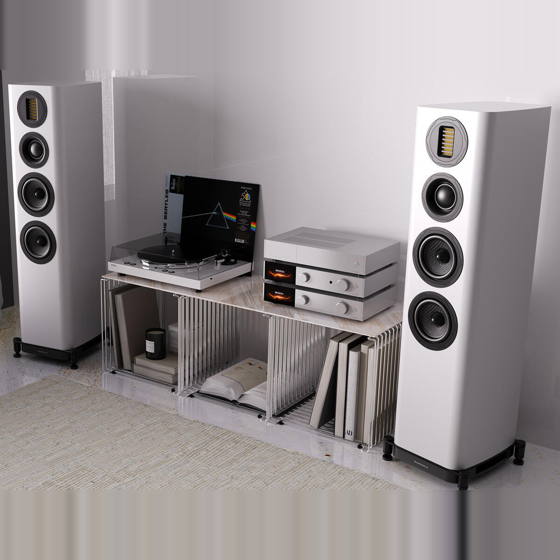 Wharfedale EVO 5.3 Standlautsprecher Weiss matt Lifestyle im Wohnraum mit Hi-Fi-Anlage