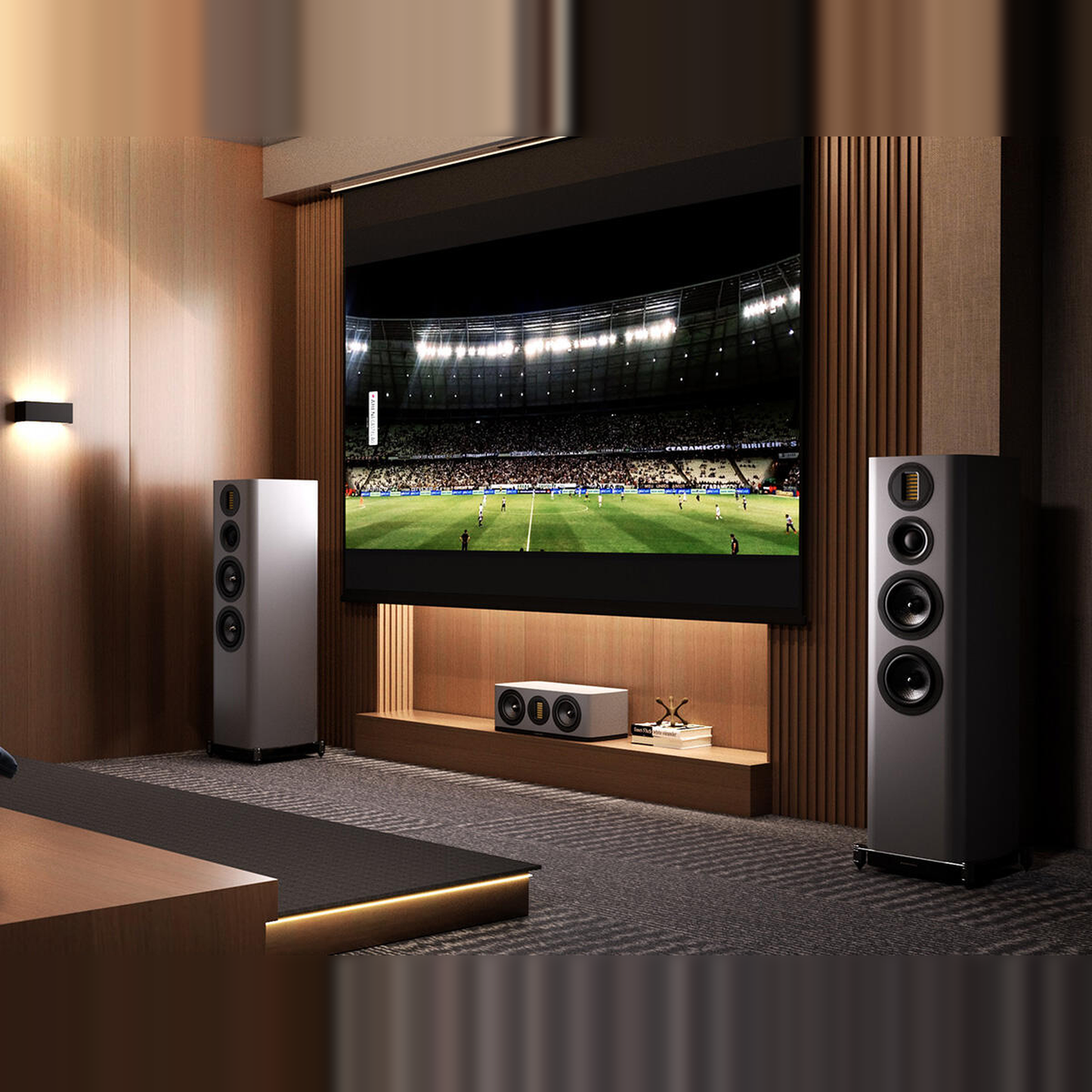 Wharfedale EVO 5.4 Standlautsprecher Lunar Grey matt Lifestyle im Heimkino mit Sportübertragung