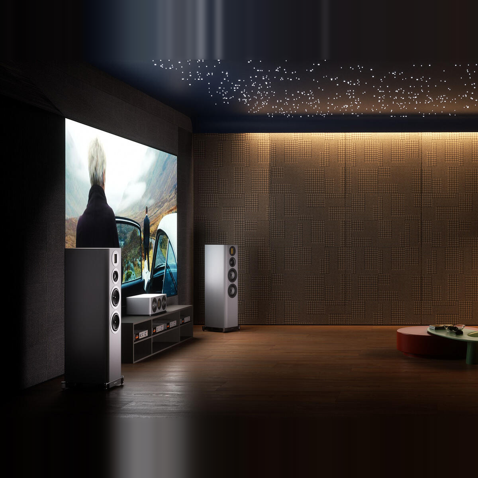 Wharfedale EVO 5.C Center-Lautsprecher Lunar Grey matt Lifestyle im Heimkino mit Leinwand