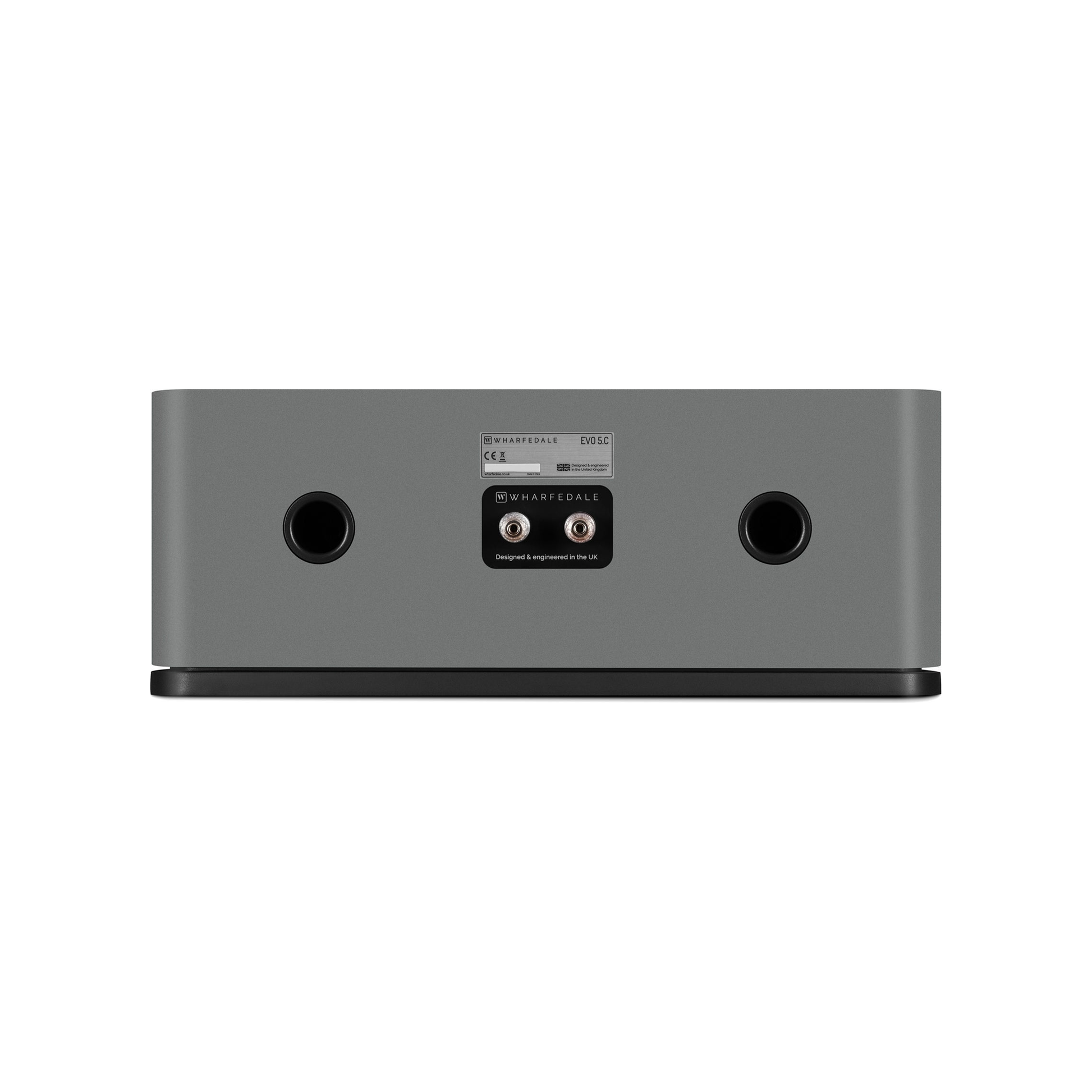 Wharfedale EVO 5.C Center-Lautsprecher Lunar Grey matt Rückansicht mit Bassreflexöffnungen und Anschlussfeld