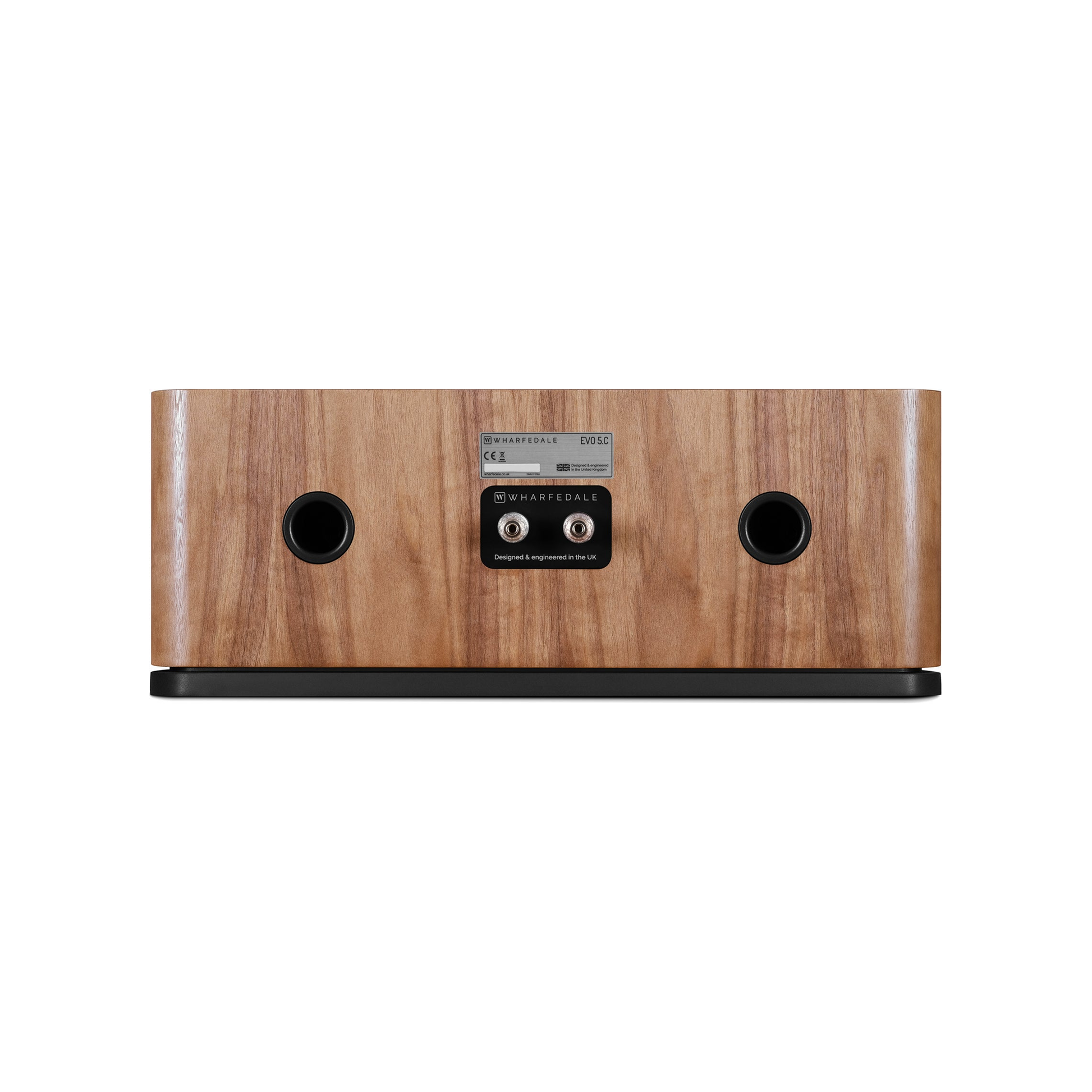 Wharfedale EVO 5.C Center-Lautsprecher Nussbaum Rückansicht mit Bassreflexöffnungen und Anschlussfeld