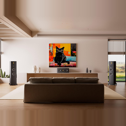 Wharfedale EVO 5.C Center-Lautsprecher Schwarz matt Lifestyle im Wohnraum mit Wandbild