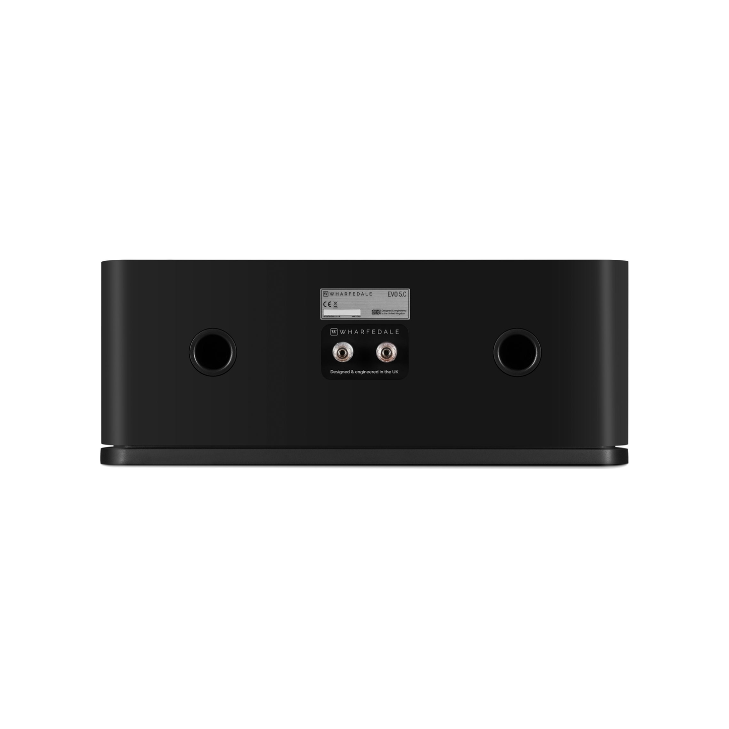 Wharfedale EVO 5.C Center-Lautsprecher Schwarz matt Rückansicht mit Bassreflexöffnungen und Anschlussfeld