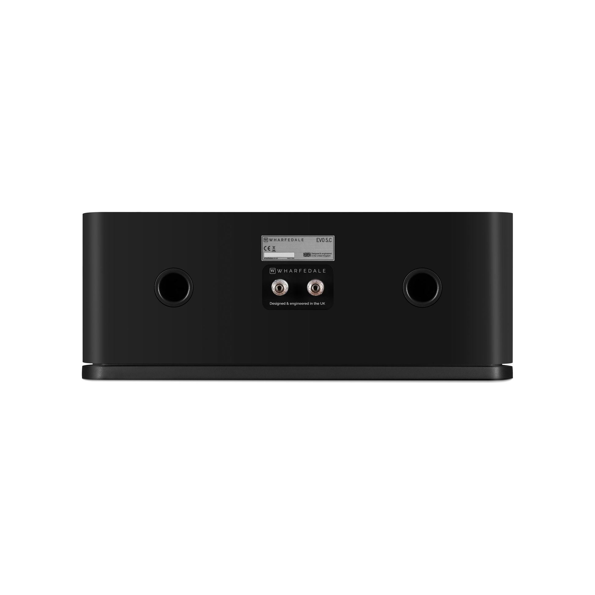 Wharfedale EVO 5.C Center-Lautsprecher Schwarz matt Rückansicht mit Bassreflexöffnungen und Anschlussfeld