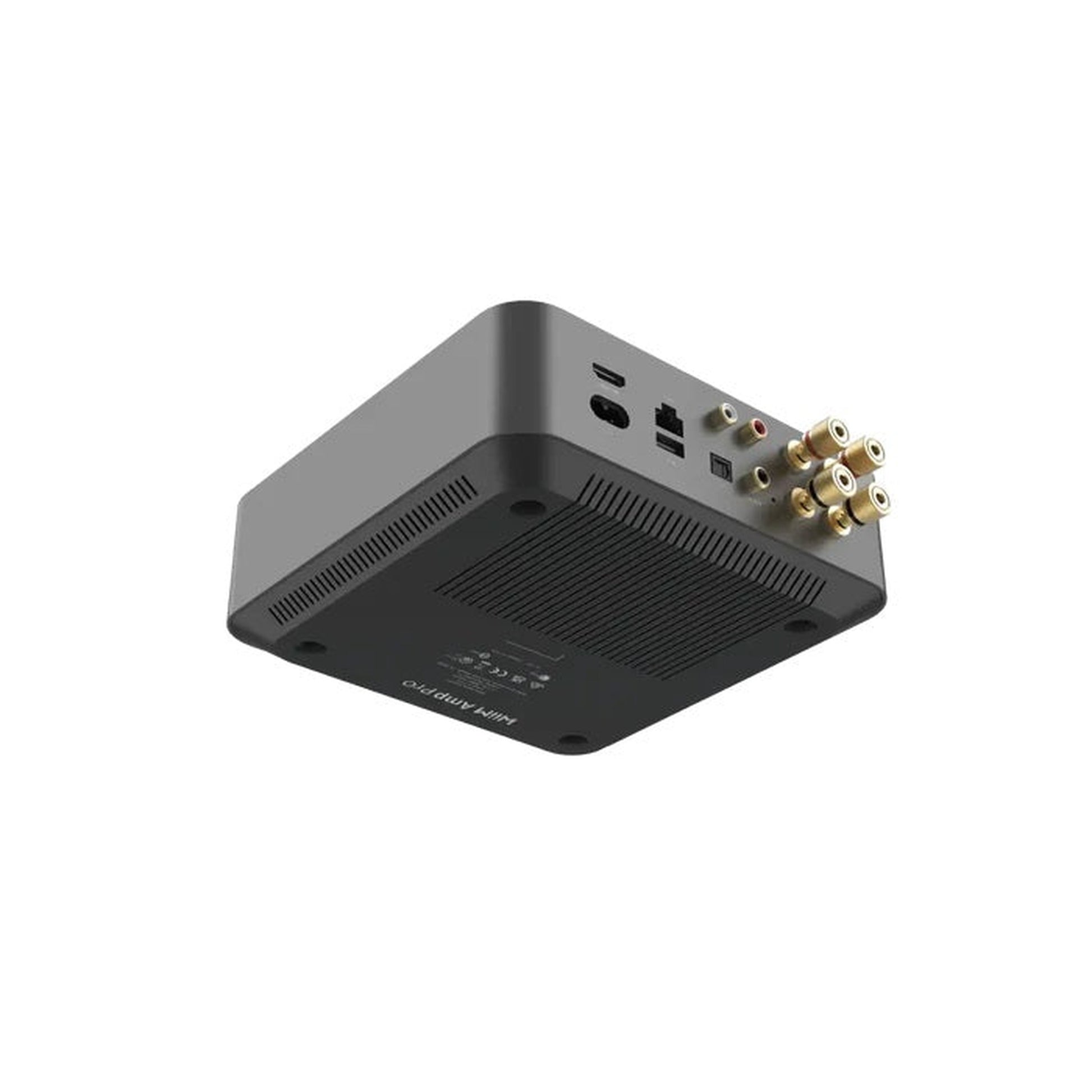 WiiM Amp Pro Streaming-Verstärker Space Gray Detailansicht Unterseite mit Anschlussfeld und Lautsprecherklemmen