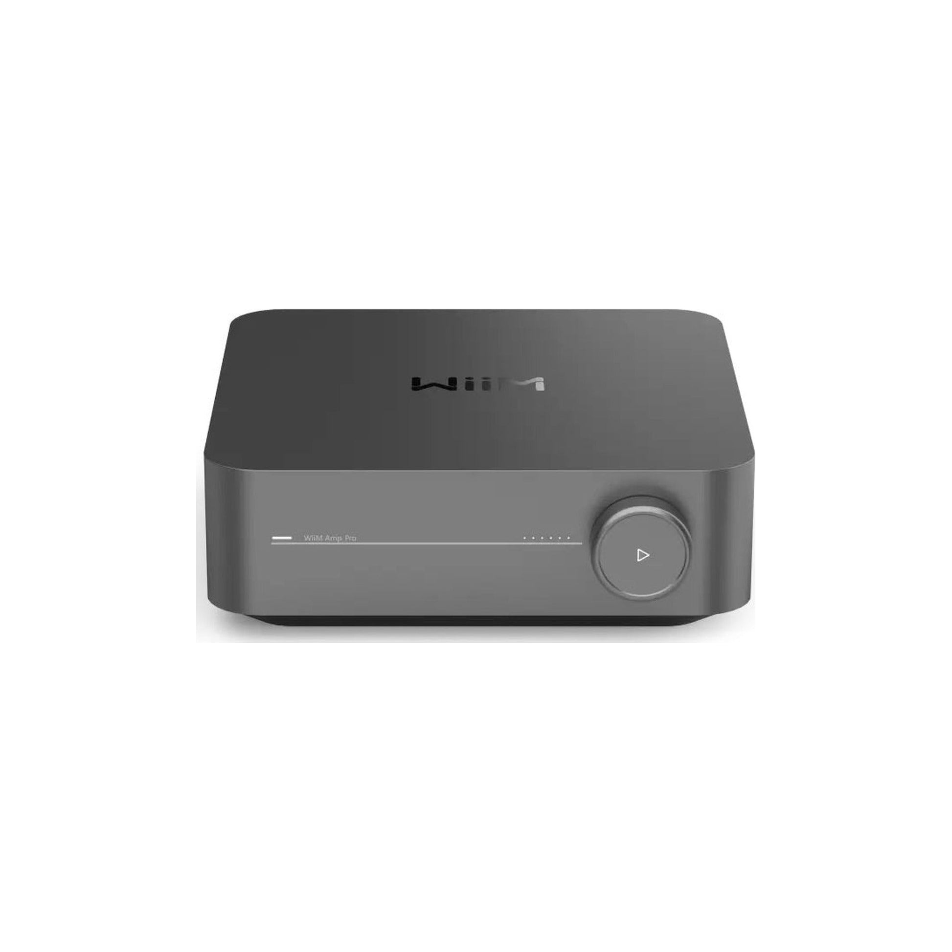 WiiM Amp Pro Streaming-Verstärker Space Gray Frontansicht 2 frontal mit Drehregler und Statusleiste