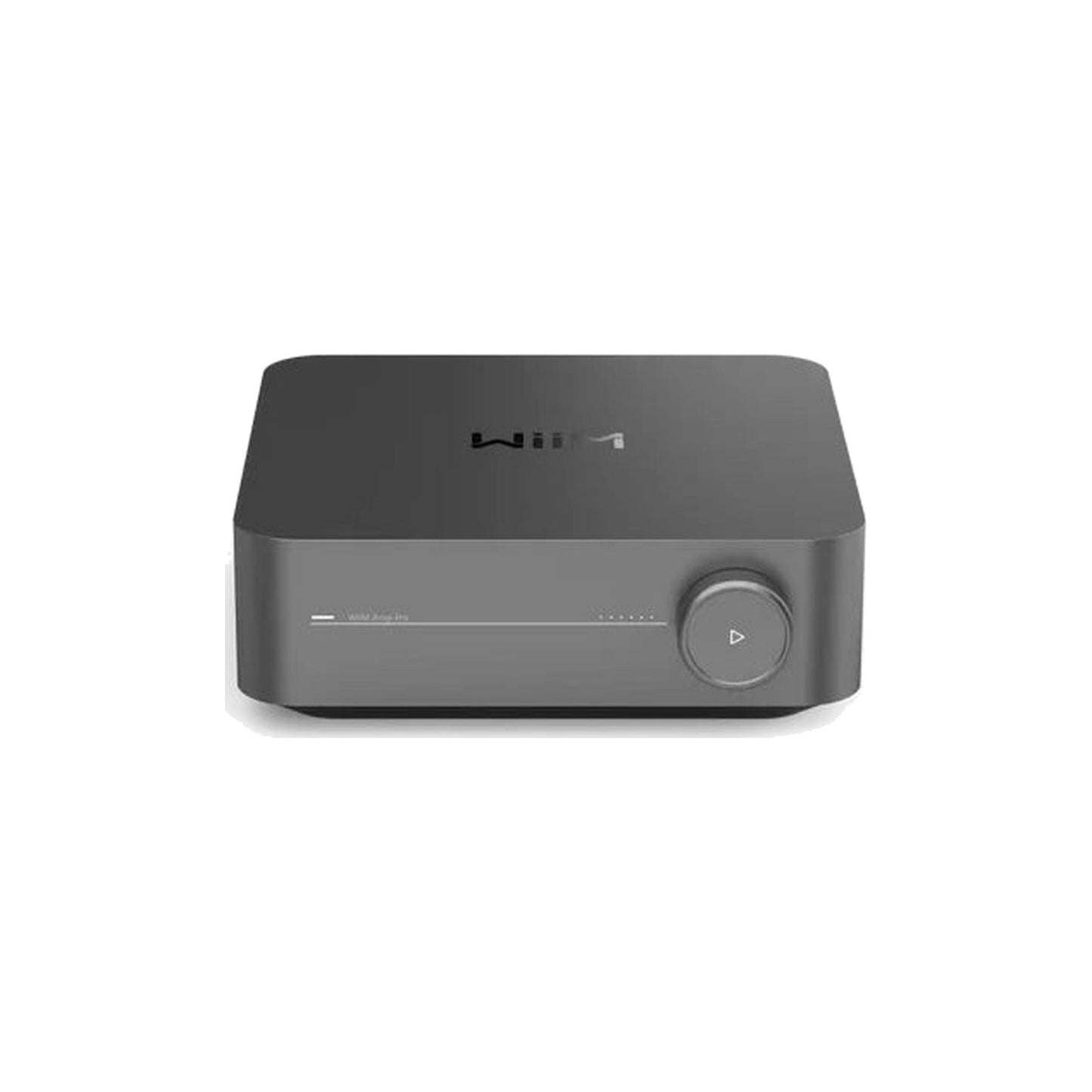 WiiM Amp Pro Streaming-Verstärker Space Gray Frontansicht mit Lautstärkeregler