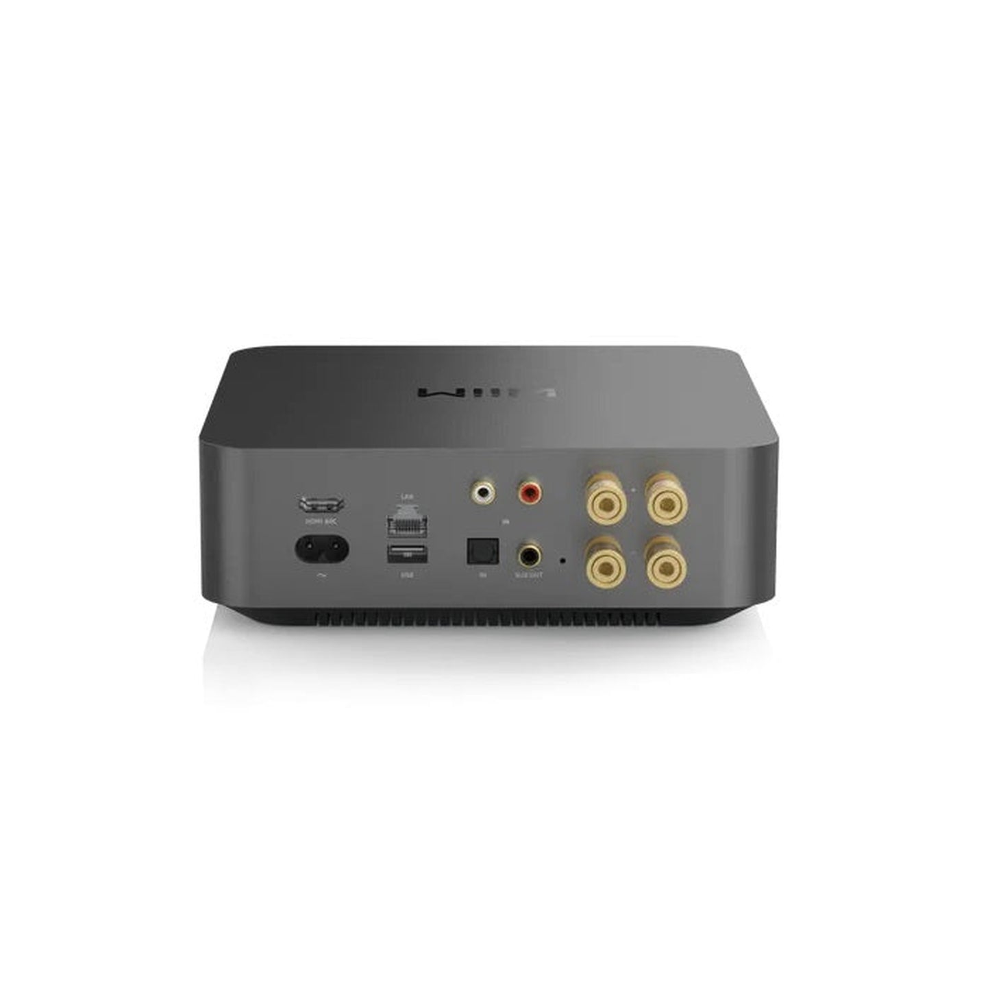 WiiM Amp Pro Streaming-Verstärker Space Gray Rückansicht mit HDMI ARC, LAN, Toslink, Cinch und Lautsprecherklemmen