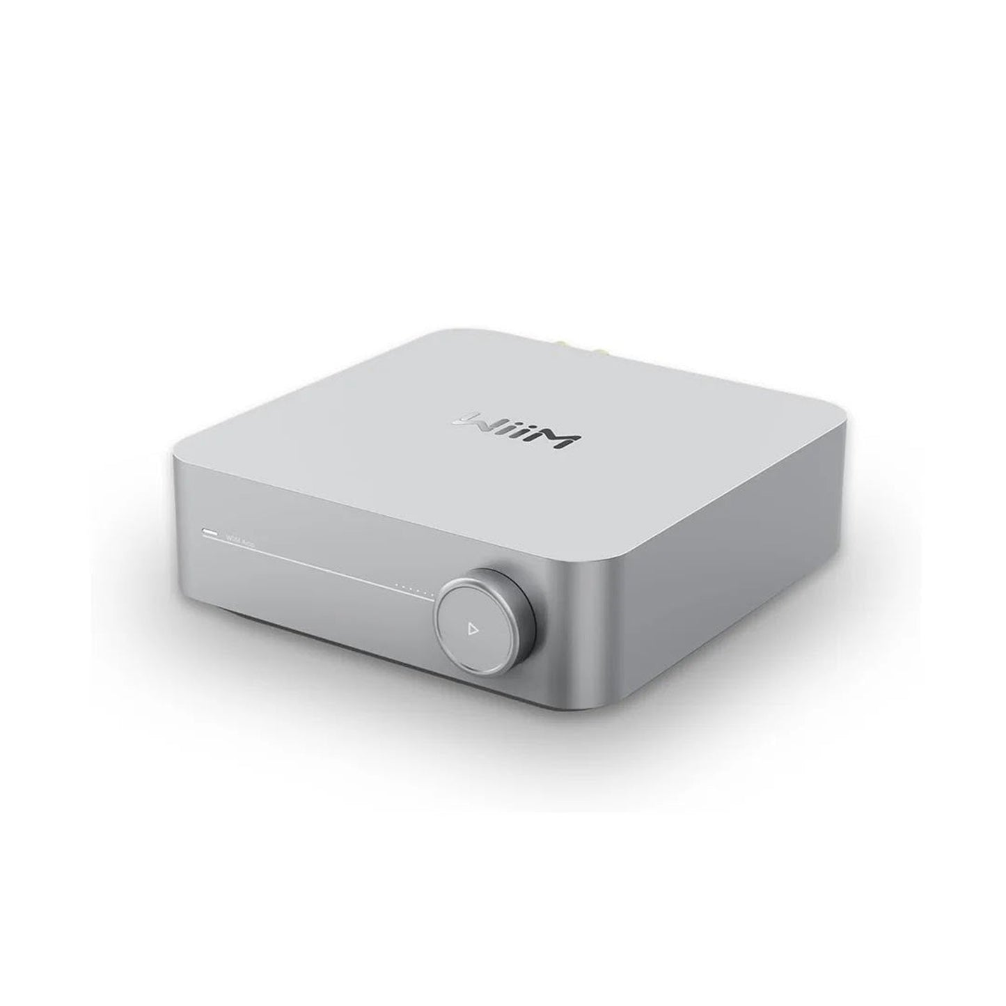 WiiM Amp Streaming-Verstärker Silber Frontansicht 2 schräg mit Drehregler