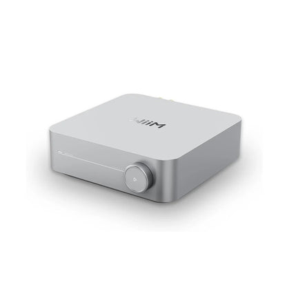 WiiM Amp Streaming-Verstärker Silber Frontansicht 2 schräg mit Drehregler