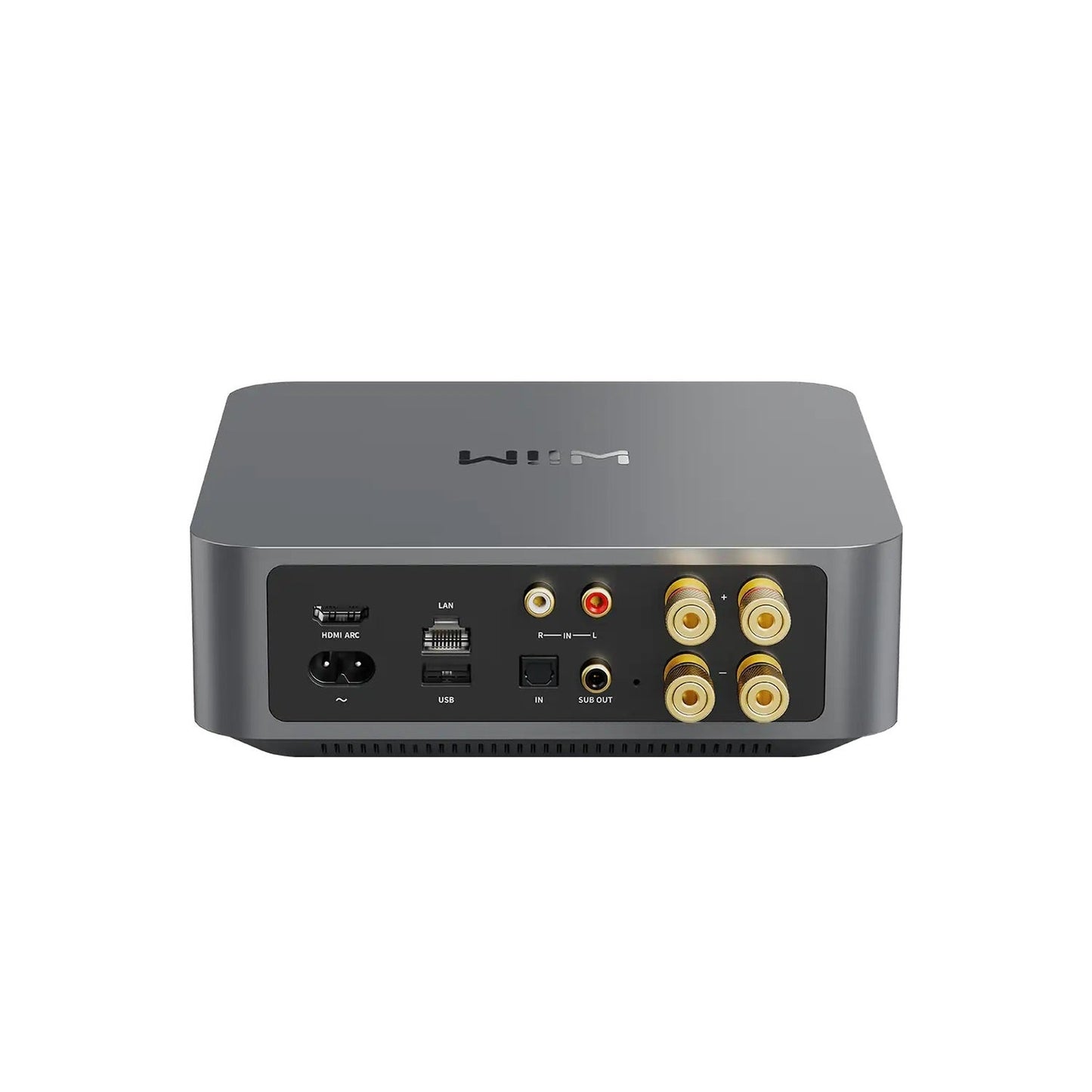 WiiM Amp Streaming-Verstärker Silber Rückansicht mit HDMI ARC, LAN, Toslink, Cinch und Lautsprecherklemmen
