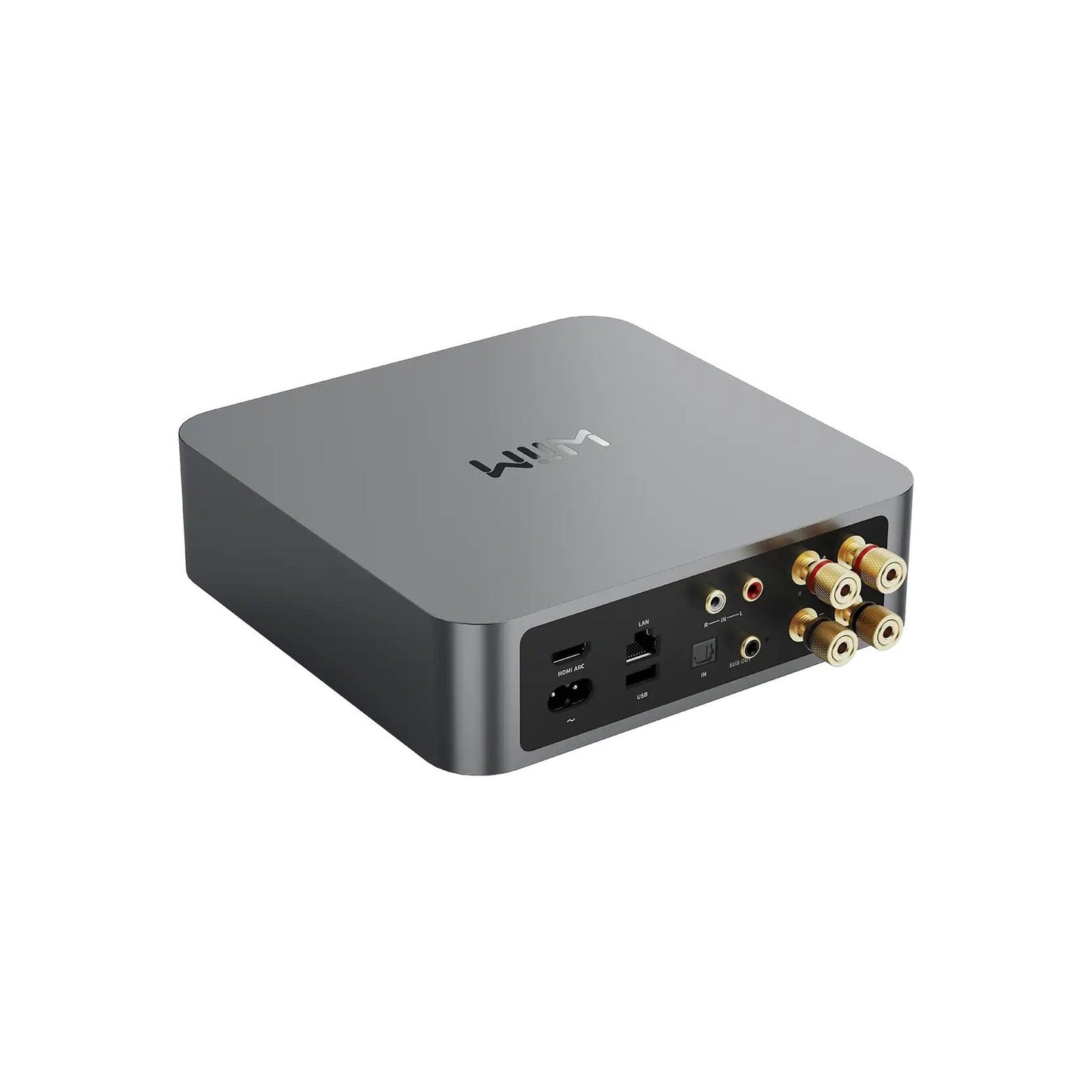 WiiM Amp Streaming-Verstärker Space Gray Rückansicht 2 schräg mit Lautsprecherklemmen