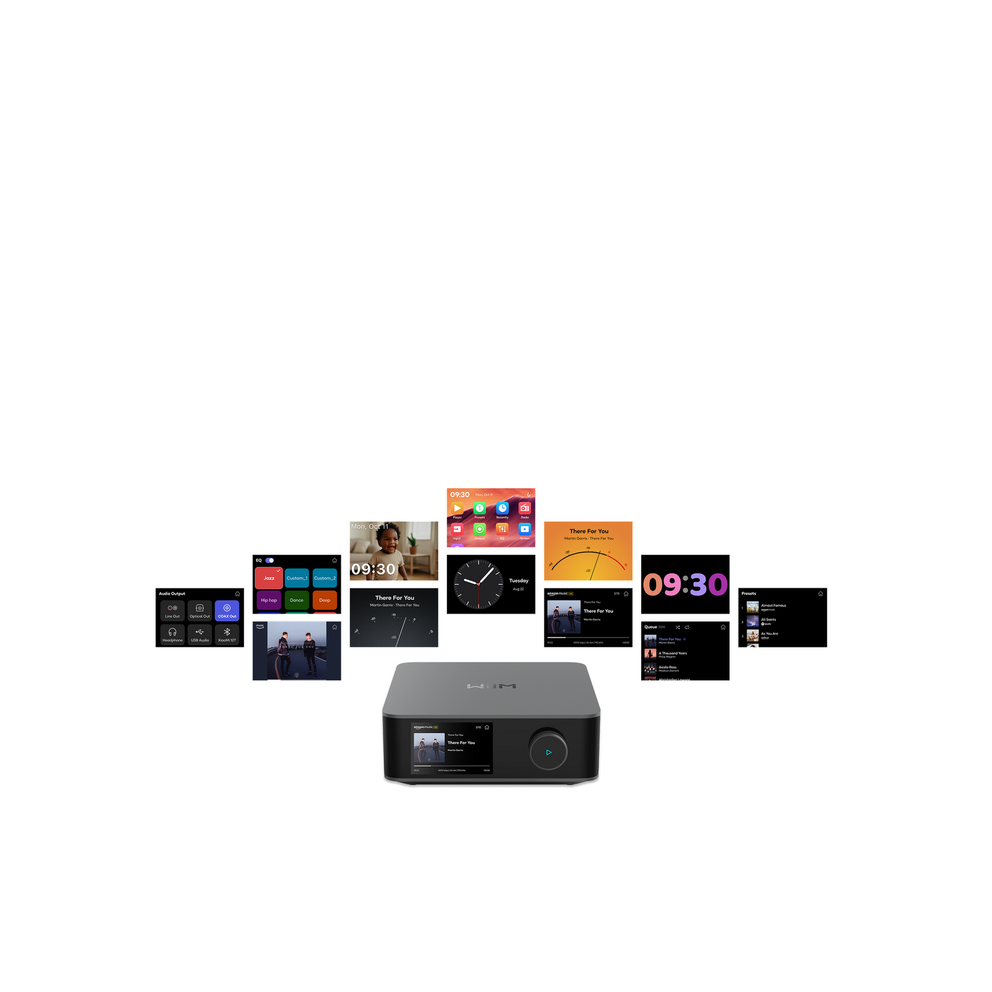 WiiM Amp Ultra Streaming-Verstärker Space Gray Displayansicht mit Bedienoberflächen des Touchscreens