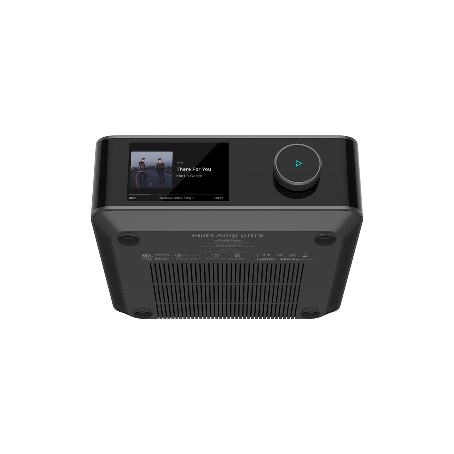WiiM Amp Ultra Streaming-Verstärker Space Gray Frontansicht 2 schräg mit Farb-Touchscreen