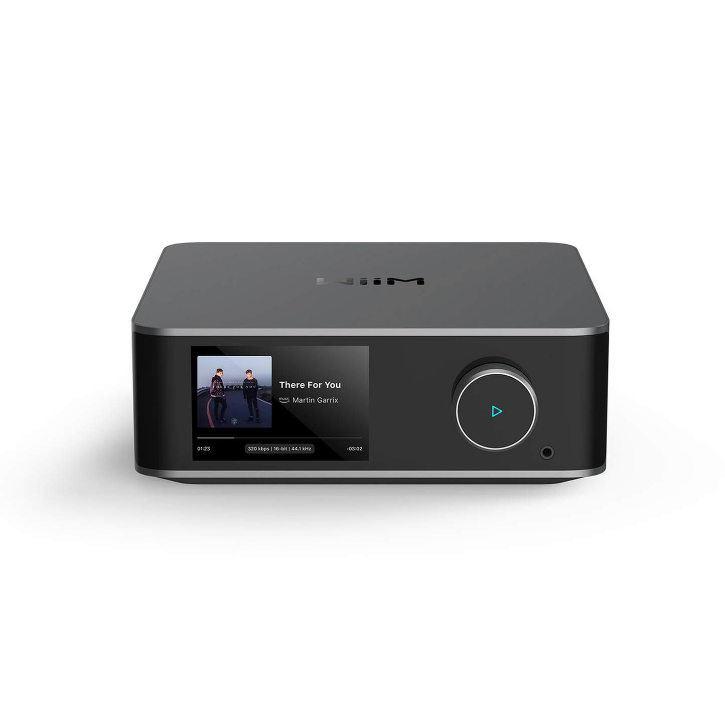 WiiM Amp Ultra Streaming-Verstärker Space Gray Frontansicht mit Farb-Touchscreen und Drehregler