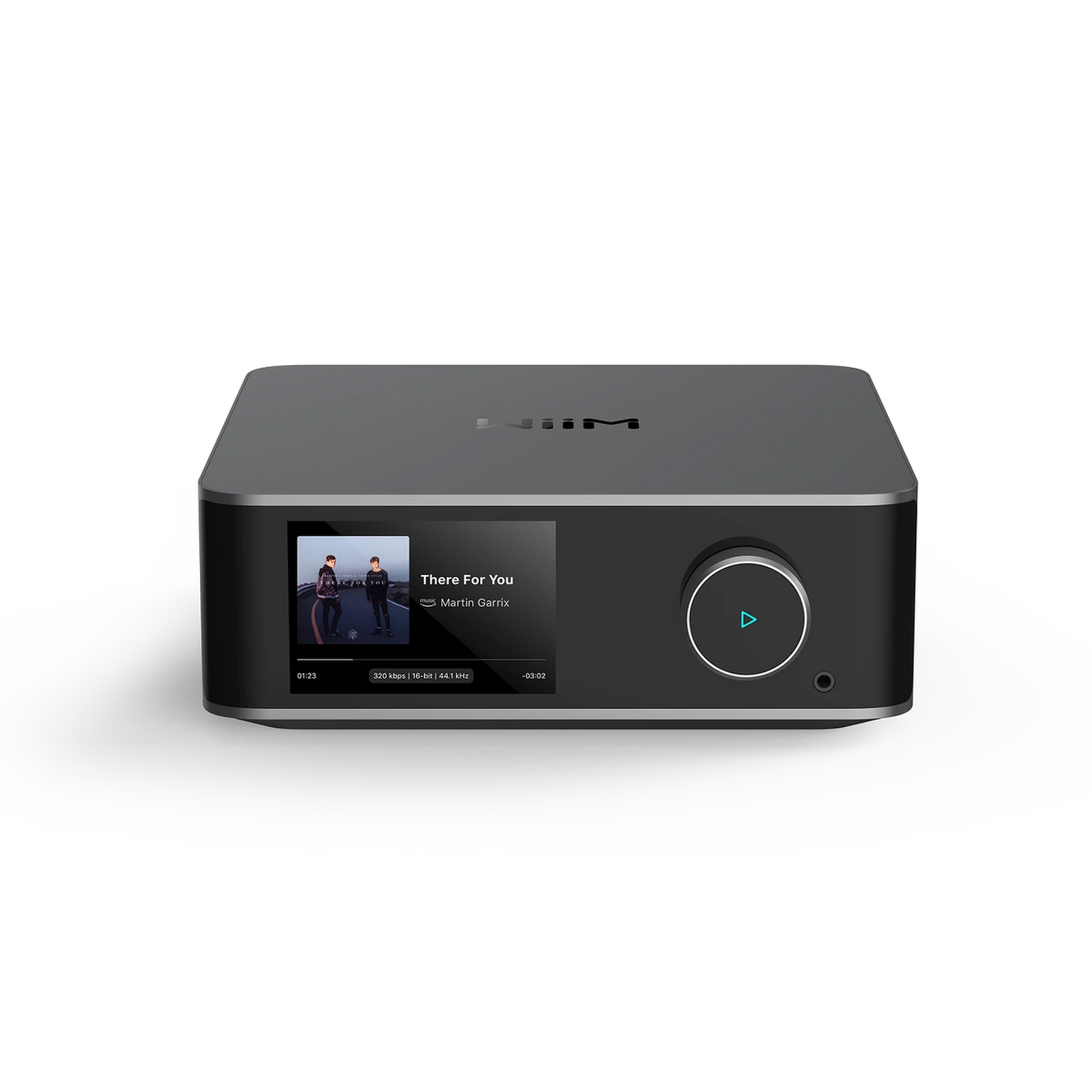 WiiM Amp Ultra Streaming-Verstärker Space Gray Frontansicht mit Farb-Touchscreen und Drehregler