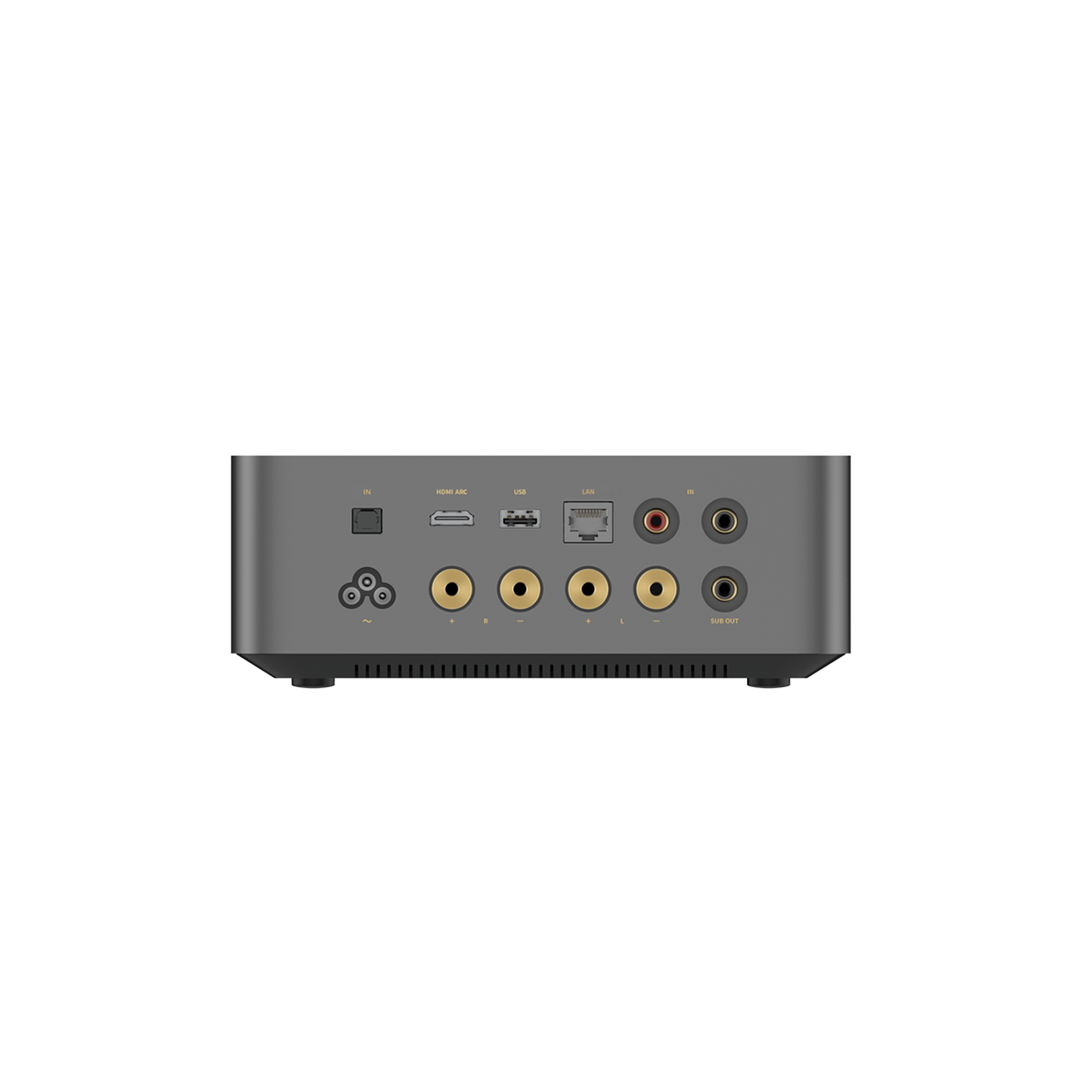 WiiM Amp Ultra Streaming-Verstärker Space Gray Rückansicht mit Cinch, HDMI ARC, LAN und Lautsprecherklemmen