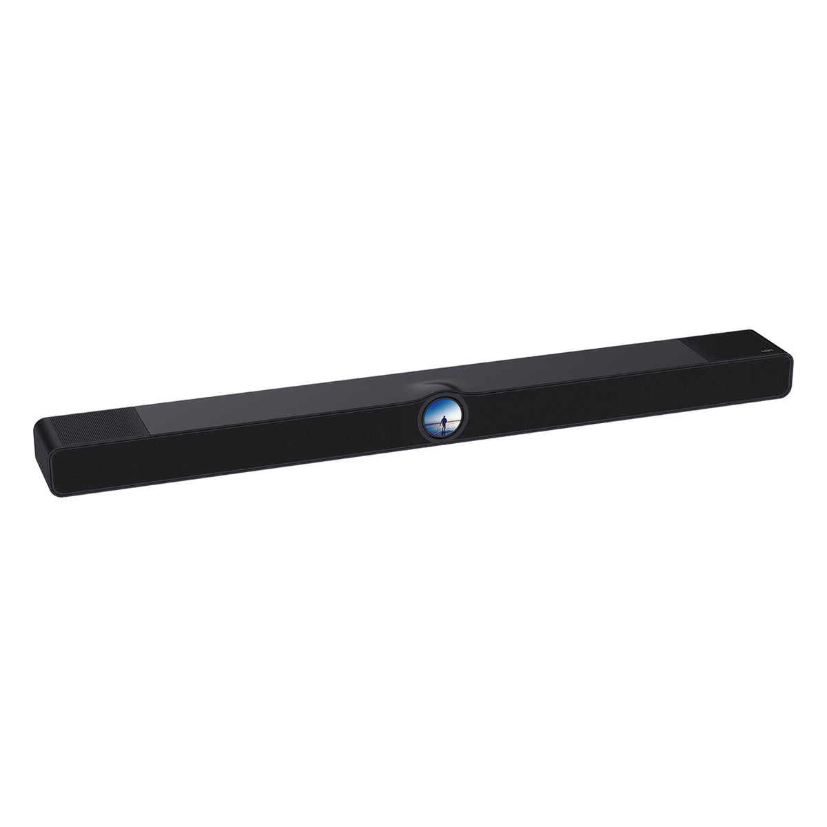 WiiM Bar Dolby-Atmos-Soundbar Glossy Black Schrägansicht der Soundbar mit rundem Touch-Display