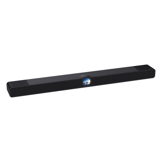 WiiM Bar Dolby-Atmos-Soundbar Glossy Black Schrägansicht der Soundbar mit rundem Touch-Display