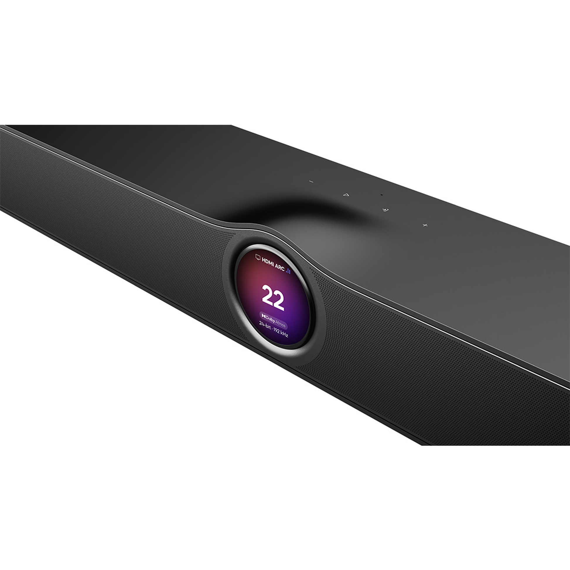 WiiM Bar Dolby-Atmos-Soundbar Schwarz Displayansicht mit rundem Farb-Touchscreen und Sensortasten
