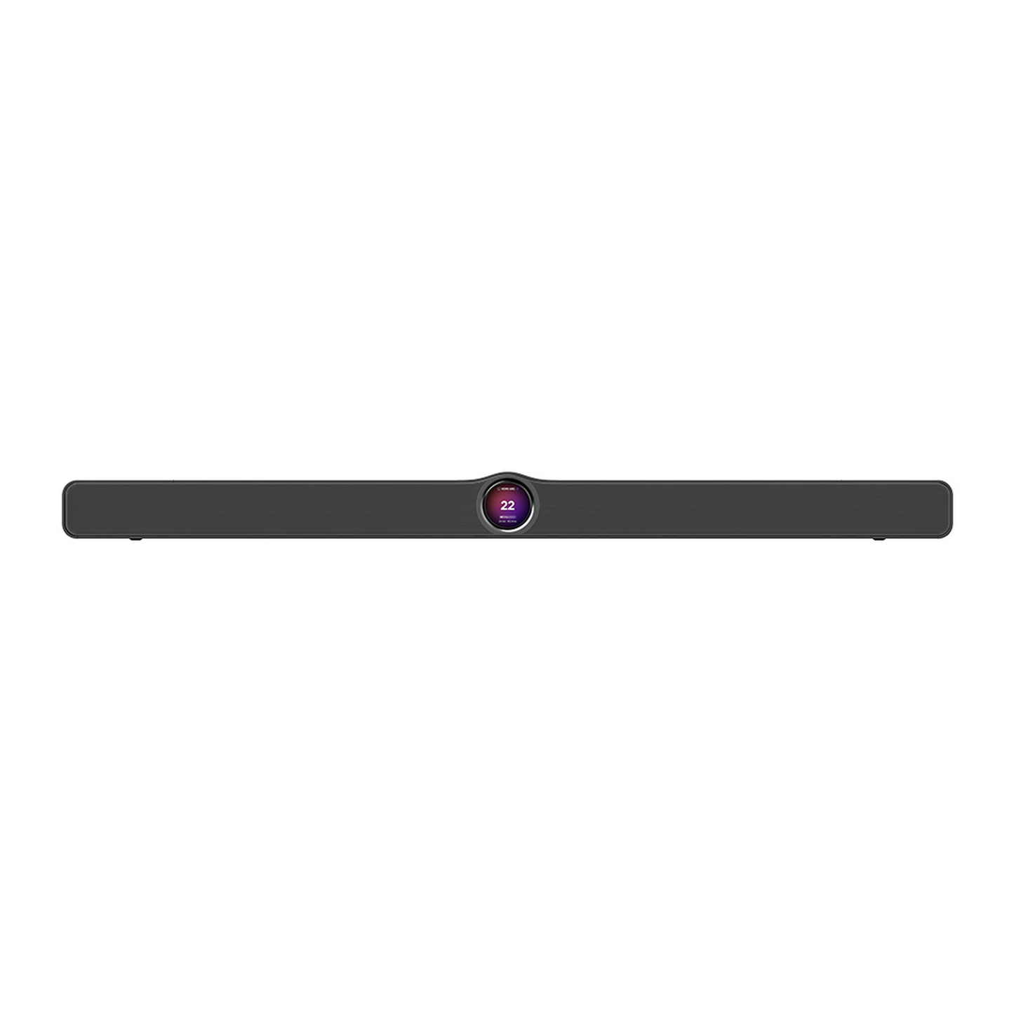 WiiM Bar Dolby-Atmos-Soundbar Schwarz Frontansicht mit Stoffgitter und rundem Touch-Display