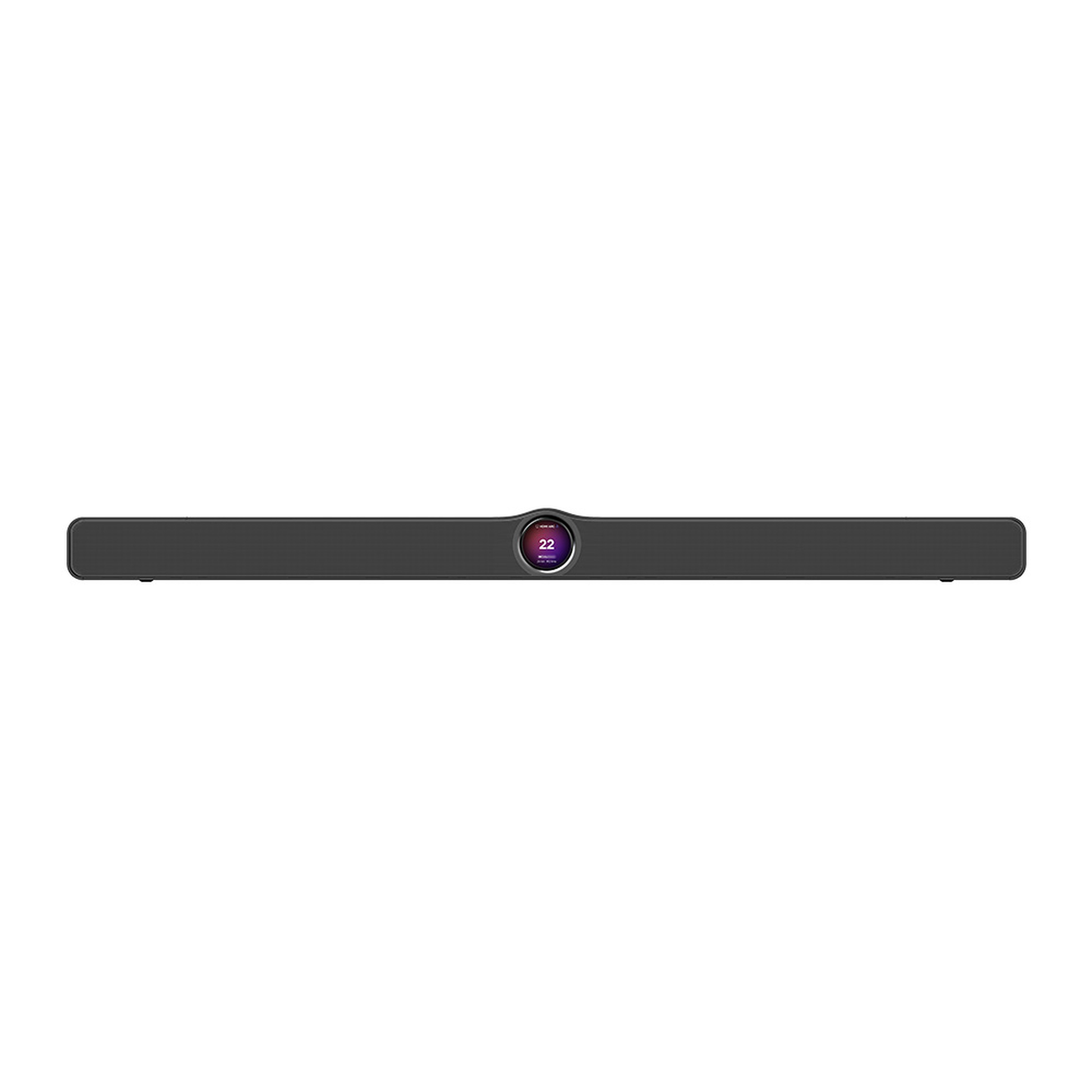 WiiM Bar Dolby-Atmos-Soundbar Schwarz Frontansicht mit Stoffgitter und rundem Touch-Display