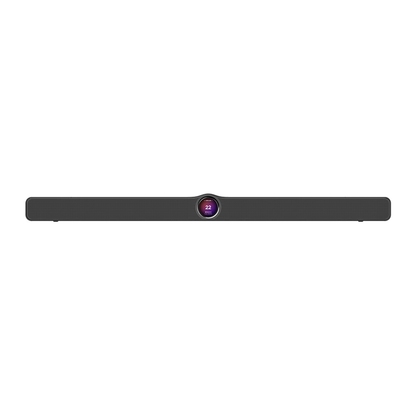WiiM Bar Dolby-Atmos-Soundbar Schwarz Frontansicht mit Stoffgitter und rundem Touch-Display