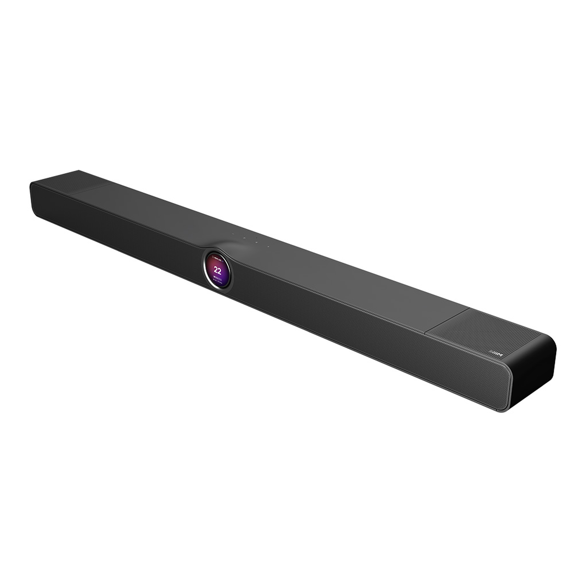 WiiM Bar Dolby-Atmos-Soundbar Schwarz Schrägansicht der Soundbar mit rundem Touch-Display