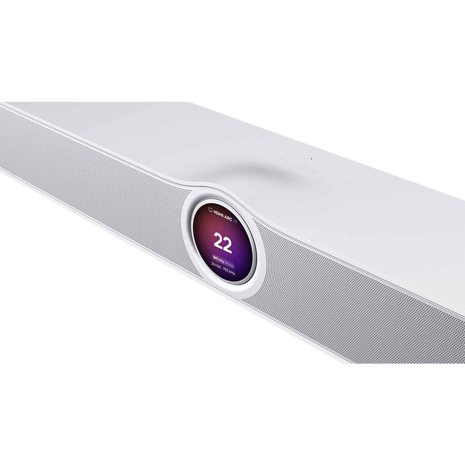 WiiM Bar Dolby-Atmos-Soundbar Weiss Displayansicht mit rundem Farb-Touchscreen und Sensortasten
