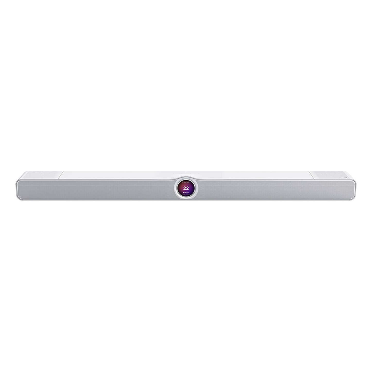 WiiM Bar Dolby-Atmos-Soundbar Weiss Frontansicht mit Stoffgitter und rundem Touch-Display