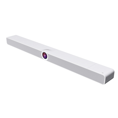 WiiM Bar Dolby-Atmos-Soundbar Weiss Schrägansicht der Soundbar mit rundem Touch-Display
