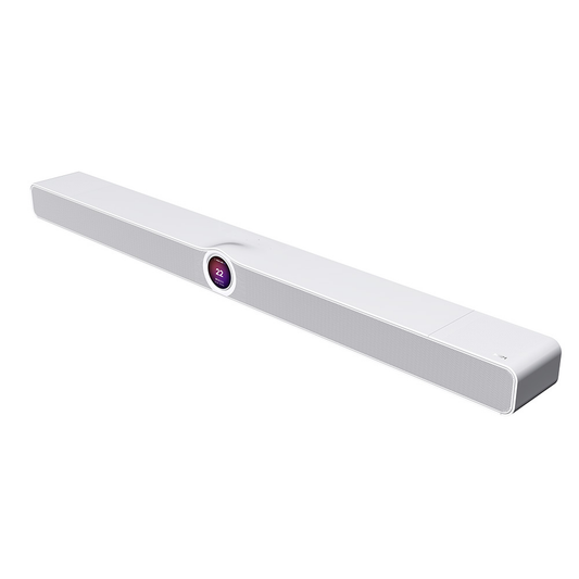WiiM Bar Dolby-Atmos-Soundbar Weiss Schrägansicht der Soundbar mit rundem Touch-Display
