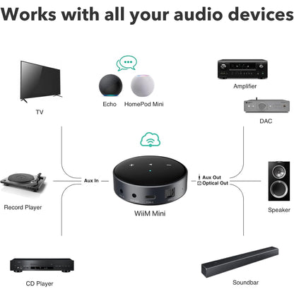 WiiM Mini Netzwerk-Streamer Schwarz Anschlussdiagramm mit TV, Plattenspieler, CD-Spieler, Verstärker und Lautsprechern