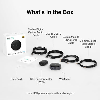WiiM Mini Netzwerk-Streamer Schwarz Lieferumfang mit Toslink-, USB-C- und Klinkenkabeln sowie Netzteil