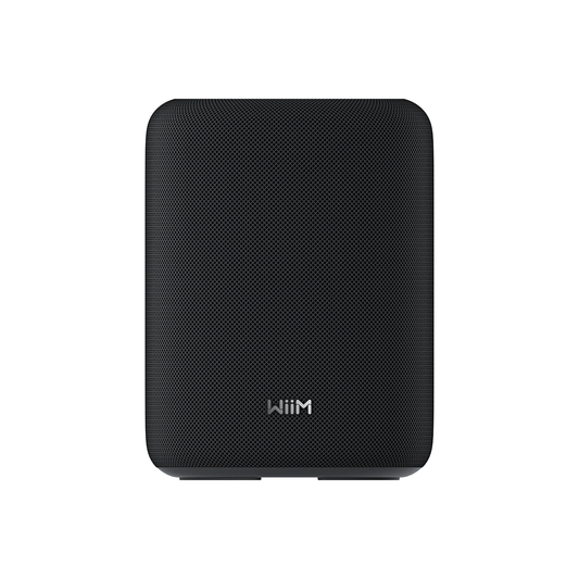 WiiM Sound Lite Streaming-Lautsprecher Schwarz Frontansicht mit Stoffgitter
