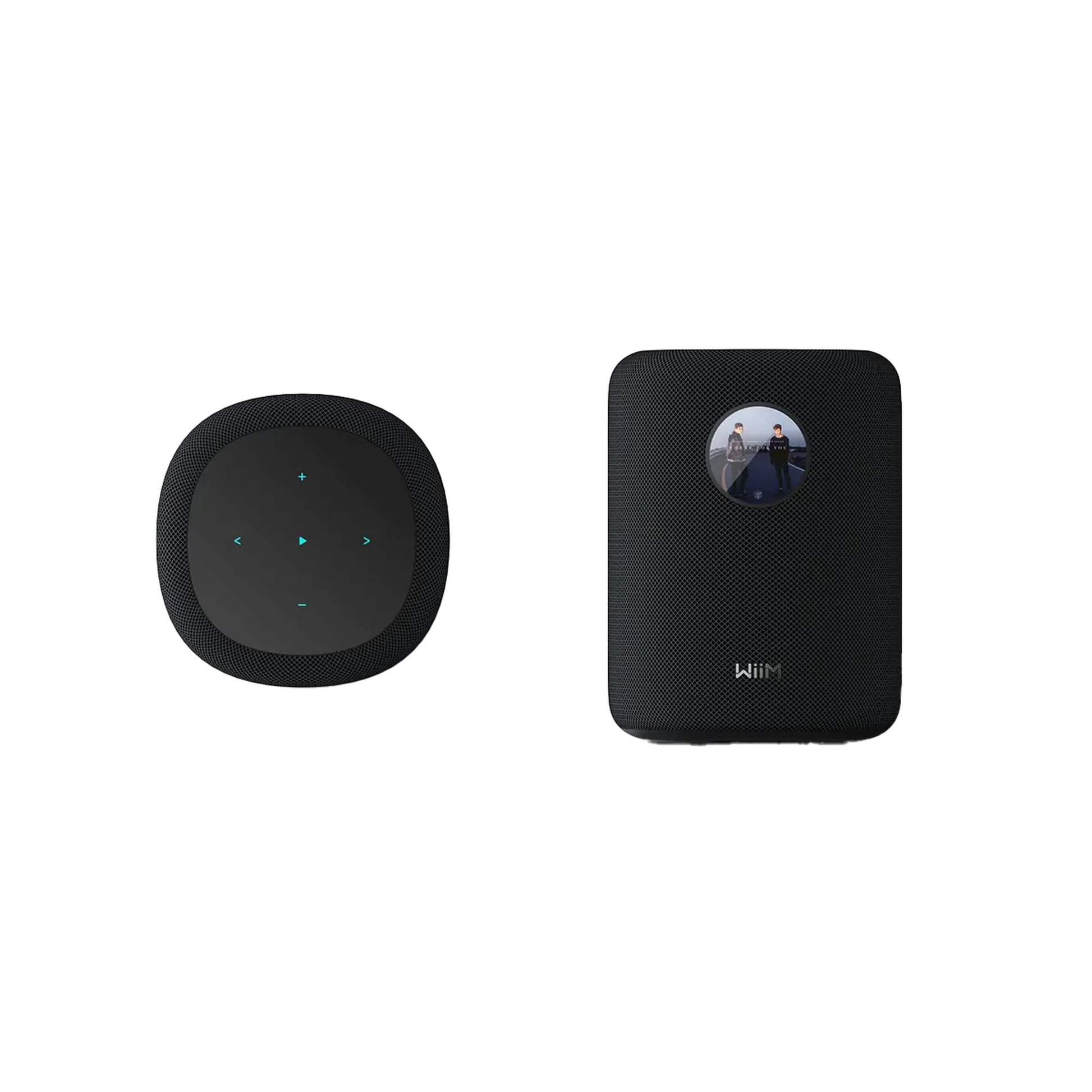 WiiM Sound Streaming-Lautsprecher Schwarz Detailansicht Bedienfeld und Gehäuse nebeneinander
