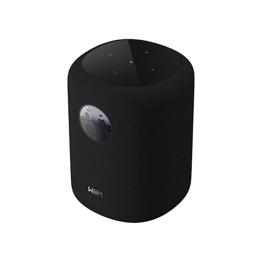 WiiM Sound Streaming-Lautsprecher Schwarz Frontansicht mit rundem Touch-Display
