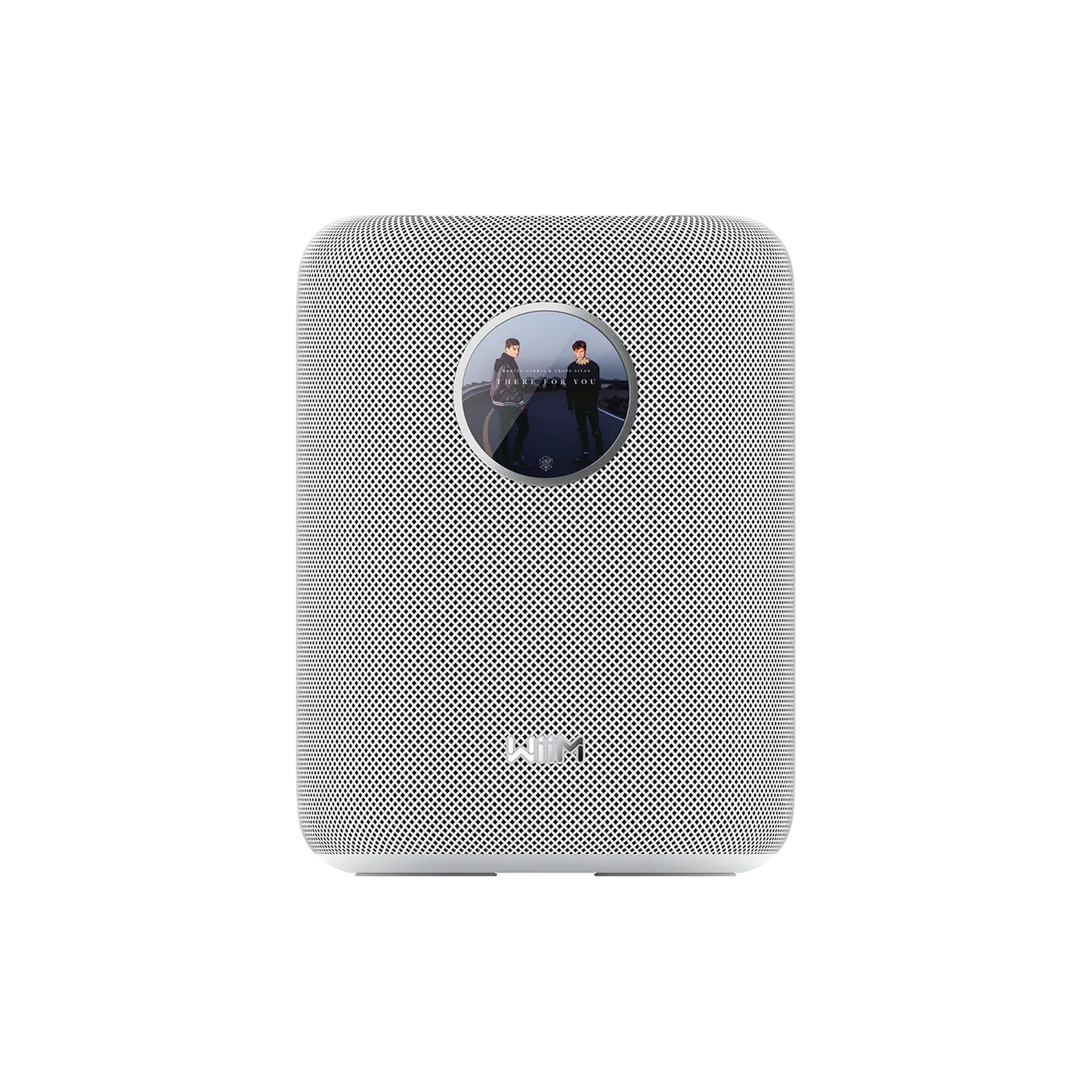 WiiM Sound Streaming-Lautsprecher Weiss Frontansicht 3 schräg mit rundem Touch-Display