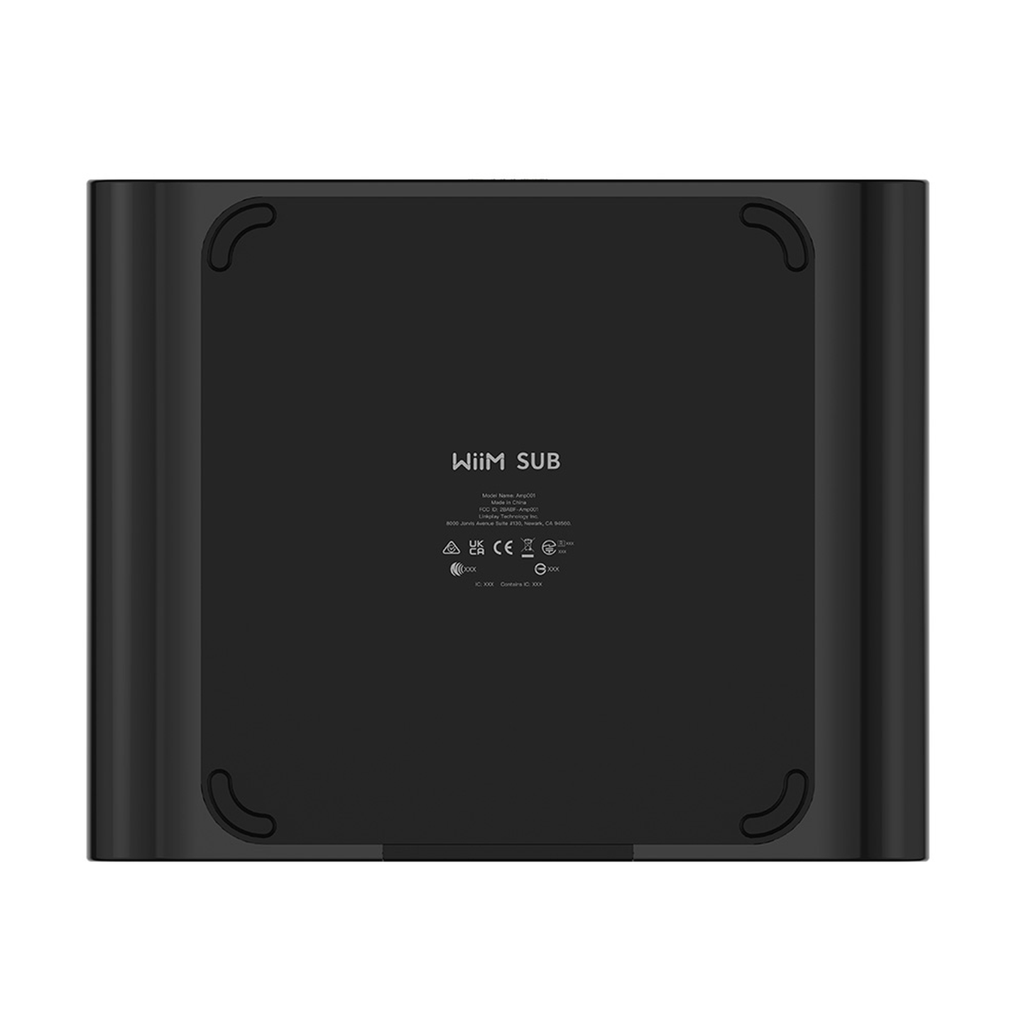 WiiM Sub Pro Wireless-Subwoofer Schwarz Detailansicht Rückwand mit Typenschild
