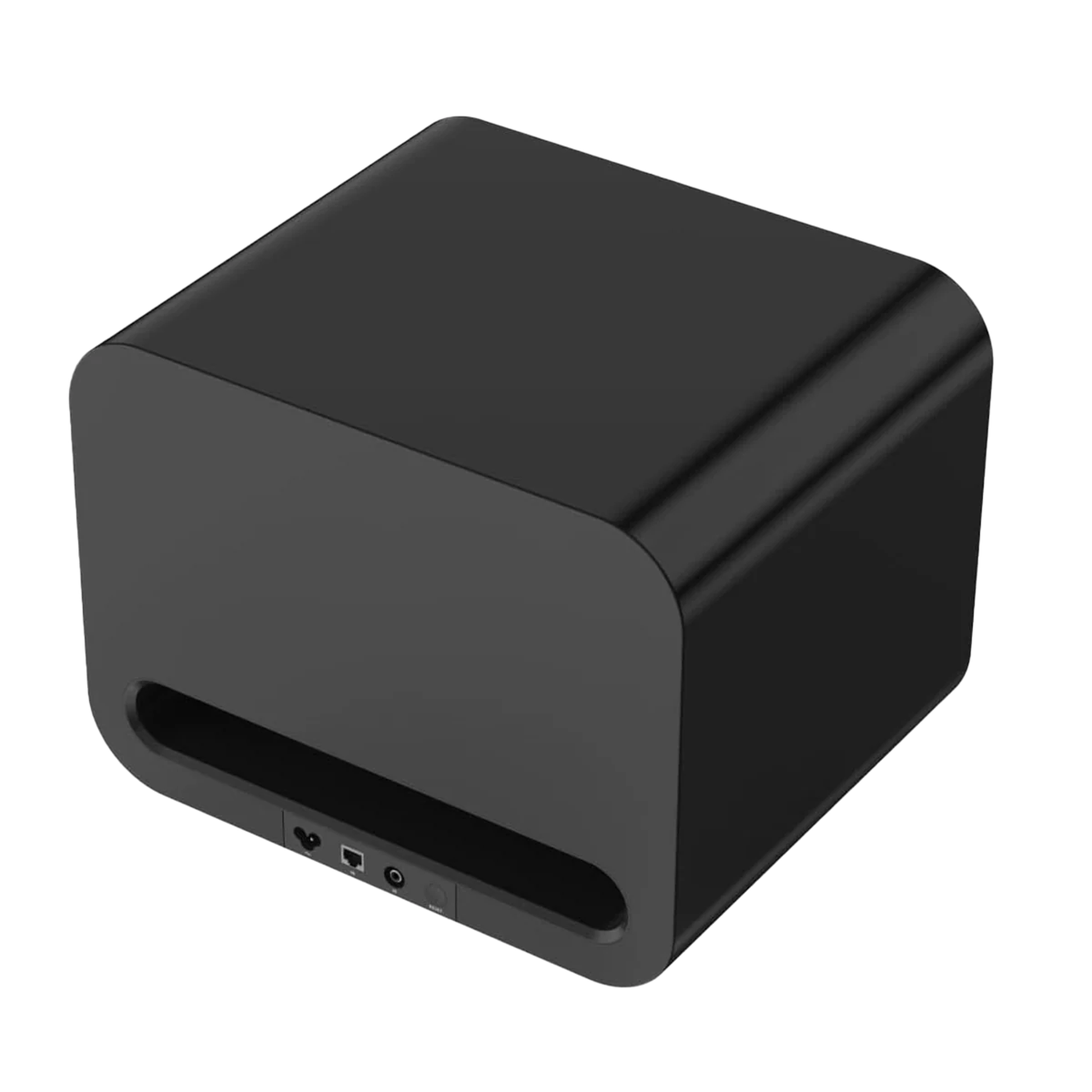 WiiM Sub Pro Wireless-Subwoofer Schwarz Rückansicht schräg mit Anschlüssen