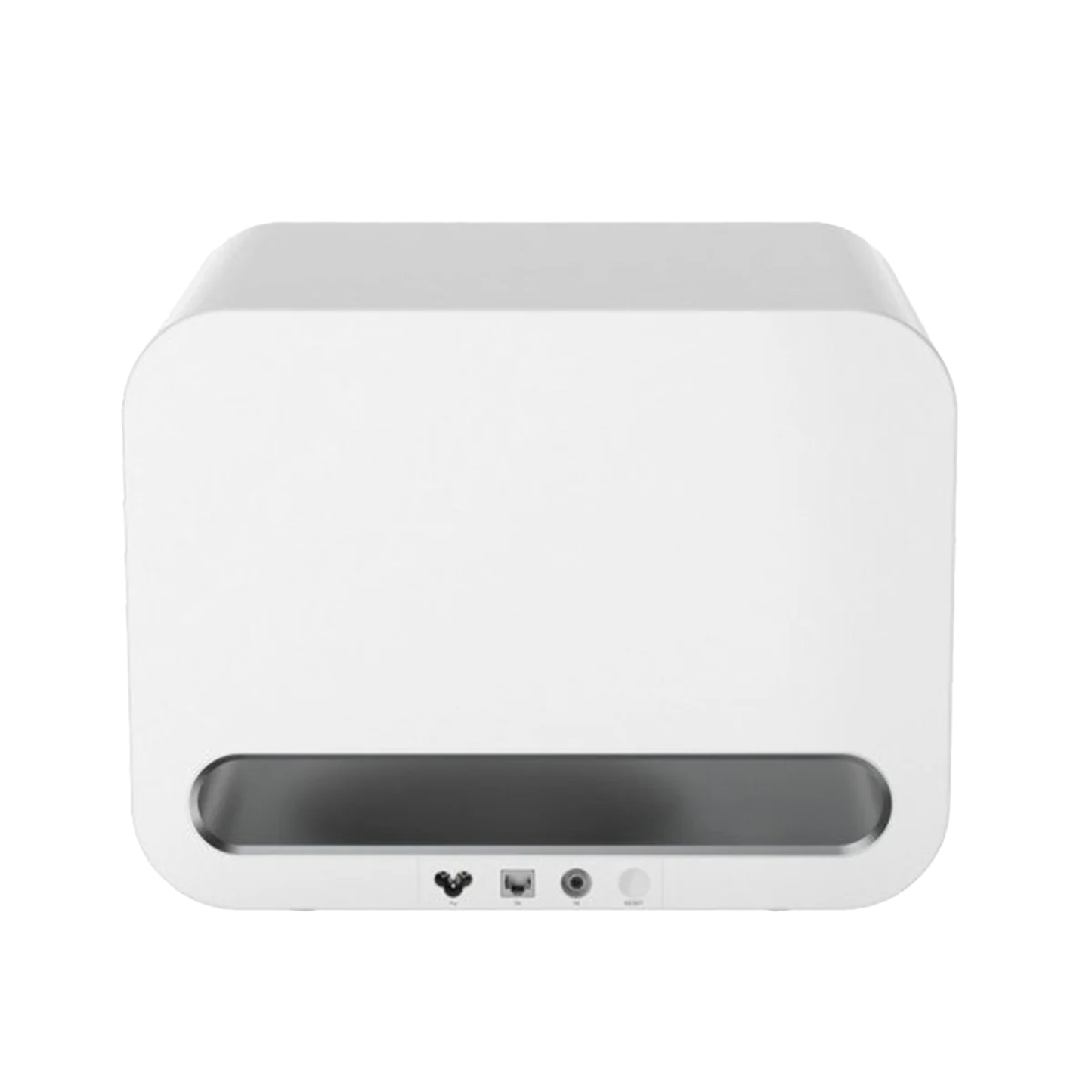 WiiM Sub Pro Wireless-Subwoofer Weiss Rückansicht mit LAN, Cinch und Bedientaste