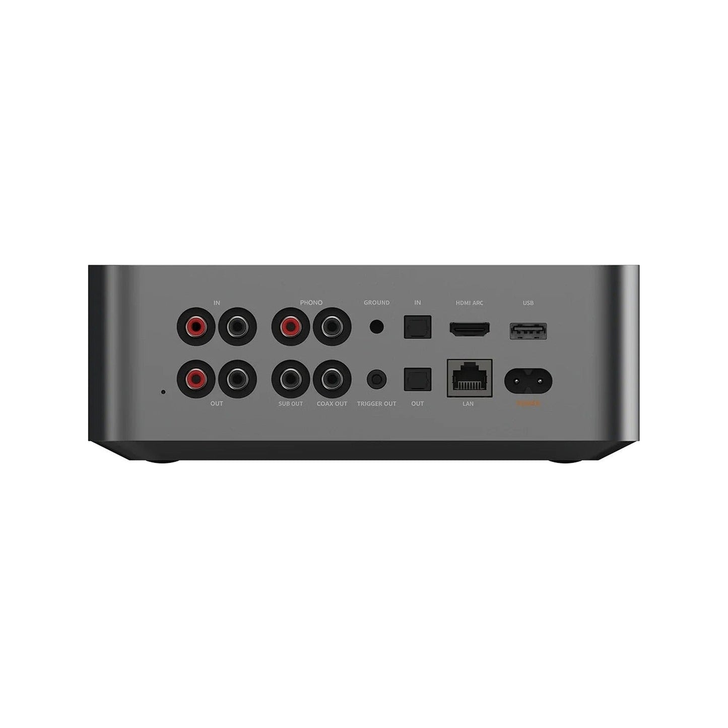 WiiM Ultra Netzwerk-Streamer Silber Rückansicht mit Phono-Eingang, Cinch, HDMI ARC, LAN und Subwoofer-Ausgang