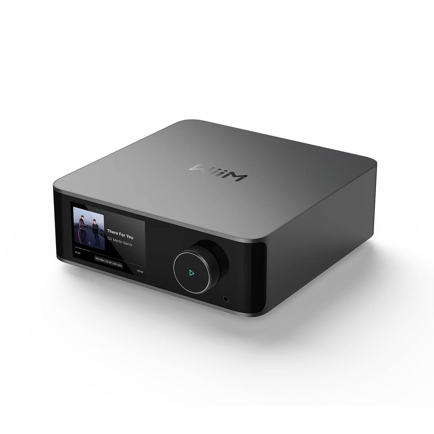 WiiM Ultra Netzwerk-Streamer Space Gray Frontansicht 2 schräg mit Farb-Touchscreen und Drehregler