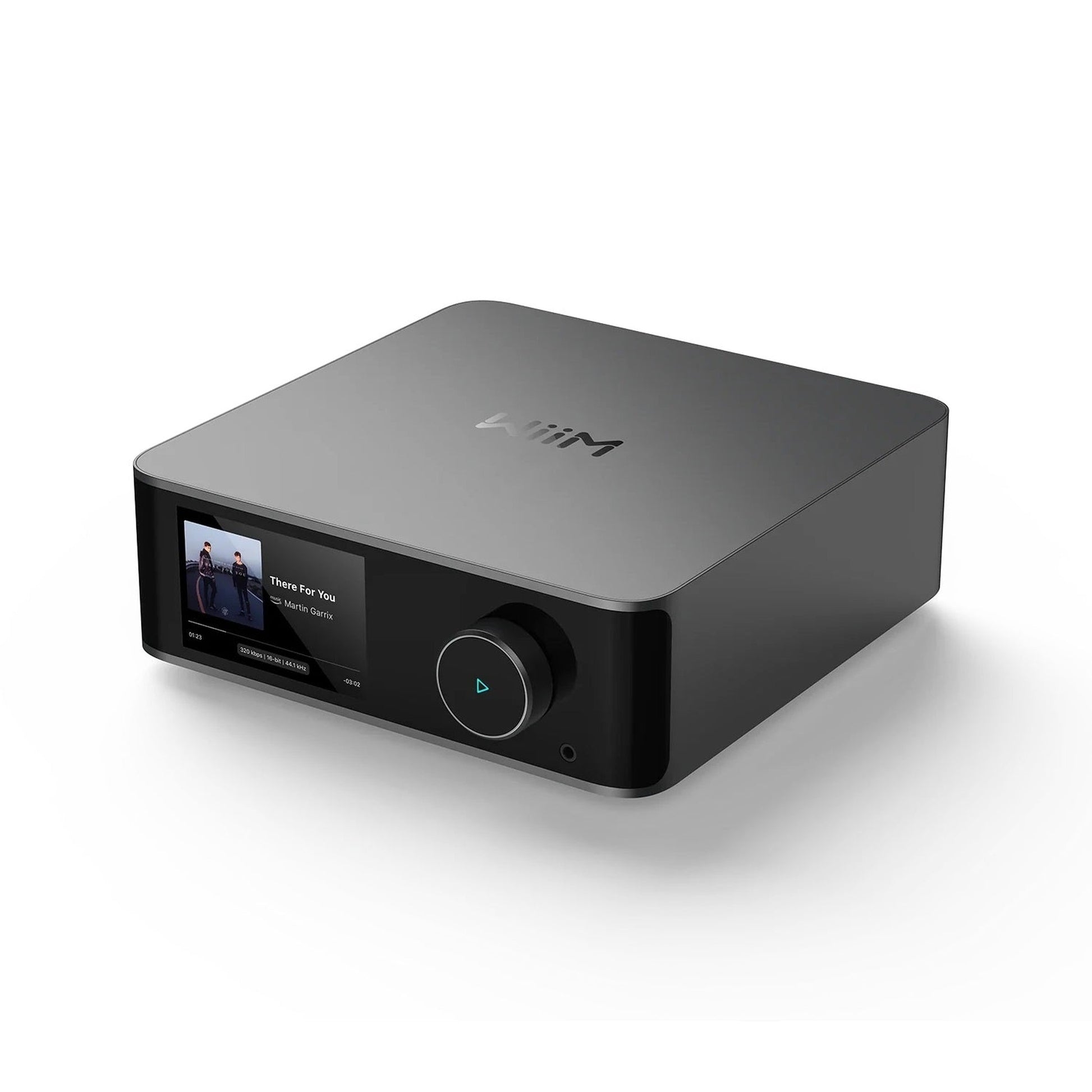 WiiM Ultra Netzwerk-Streamer Space Gray Frontansicht 2 schräg mit Farb-Touchscreen und Drehregler