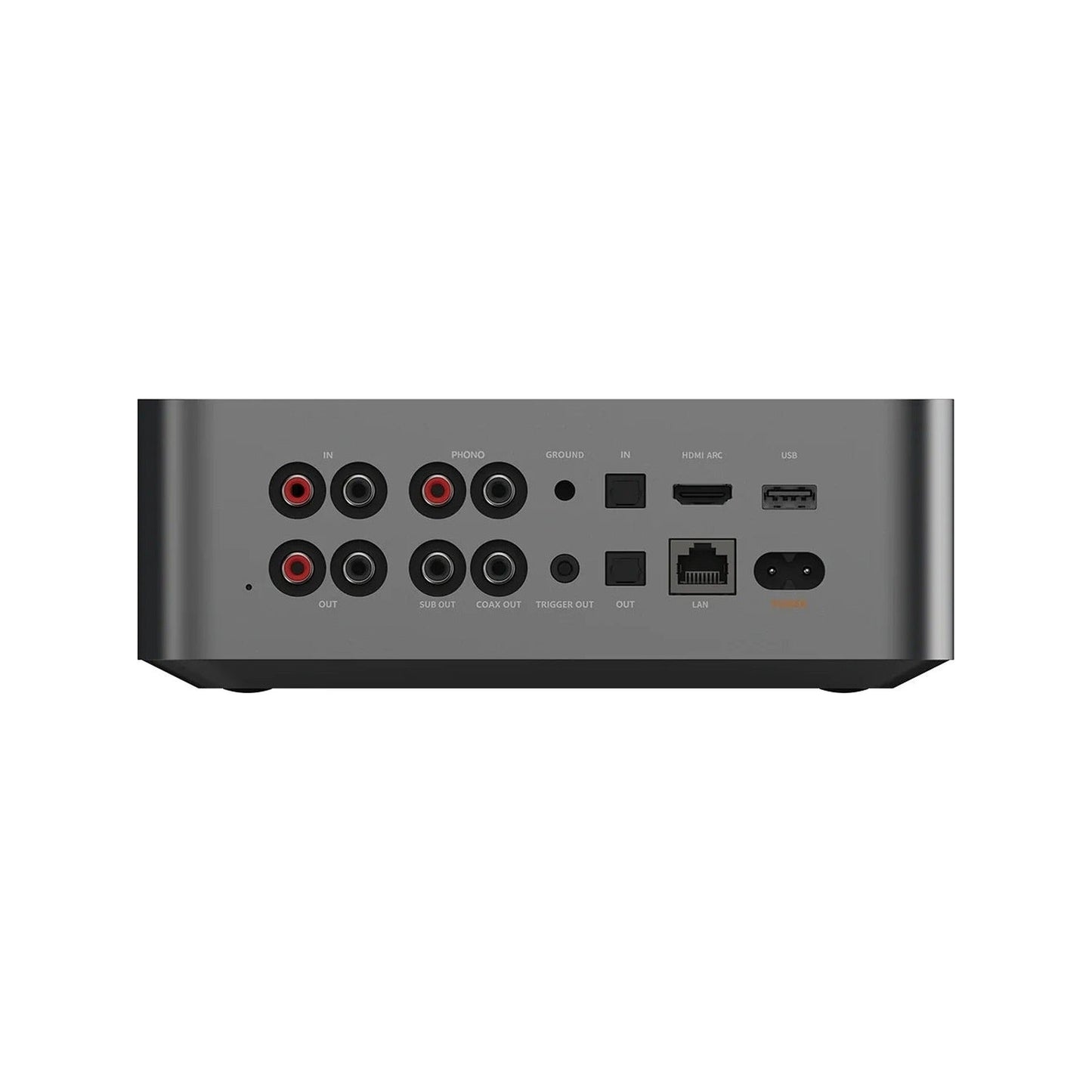 WiiM Ultra Netzwerk-Streamer Space Gray Rückansicht mit Phono-Eingang, Cinch, HDMI ARC, LAN und Subwoofer-Ausgang