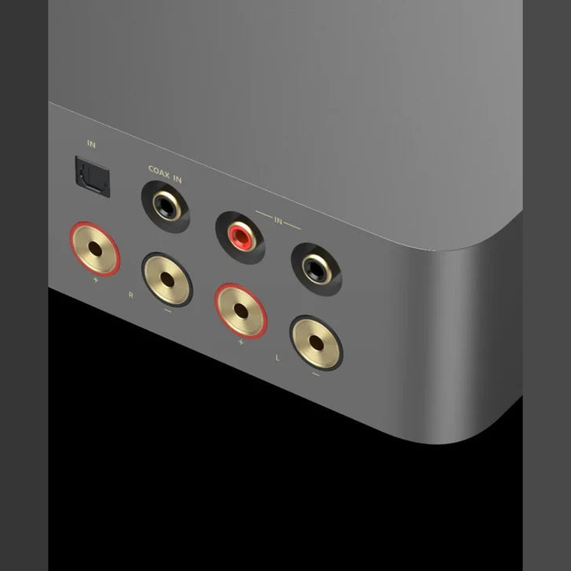 WiiM VibeLink Amp Vollverstärker Space Gray Anschlussfeld 2 mit Toslink, Coax und Cinch-Eingängen